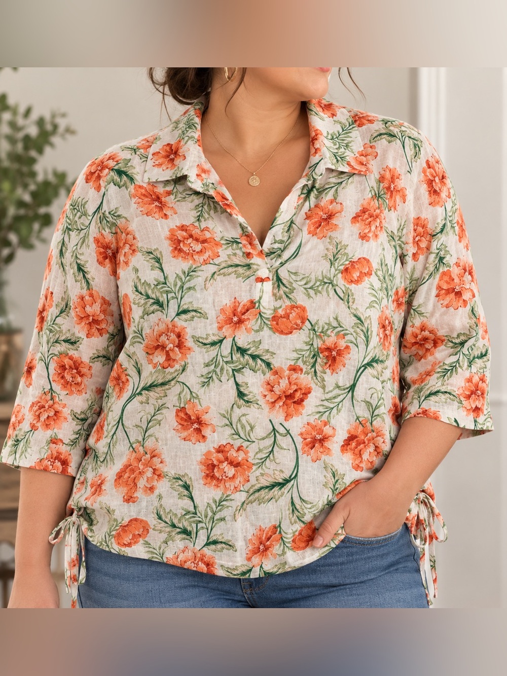 Joie Floral Button-Front Tunic in Orange and Green 100 percent Linen Size 3X
